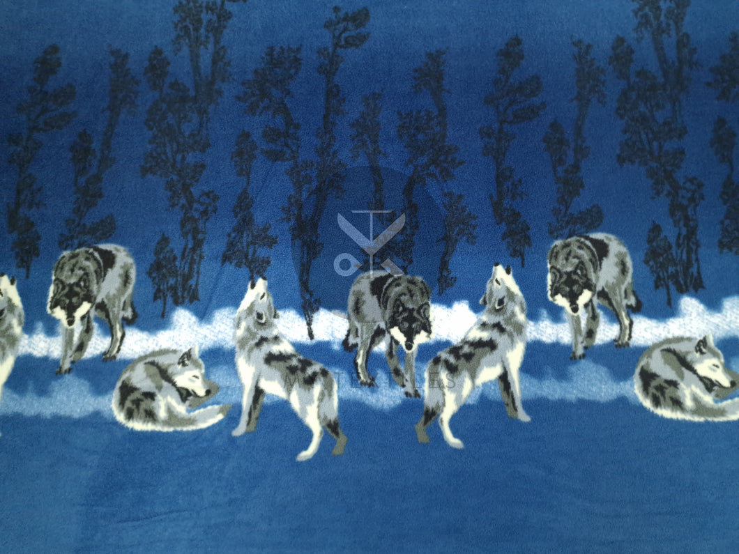 Printed Polar Fleece - Forest Wolves Blue